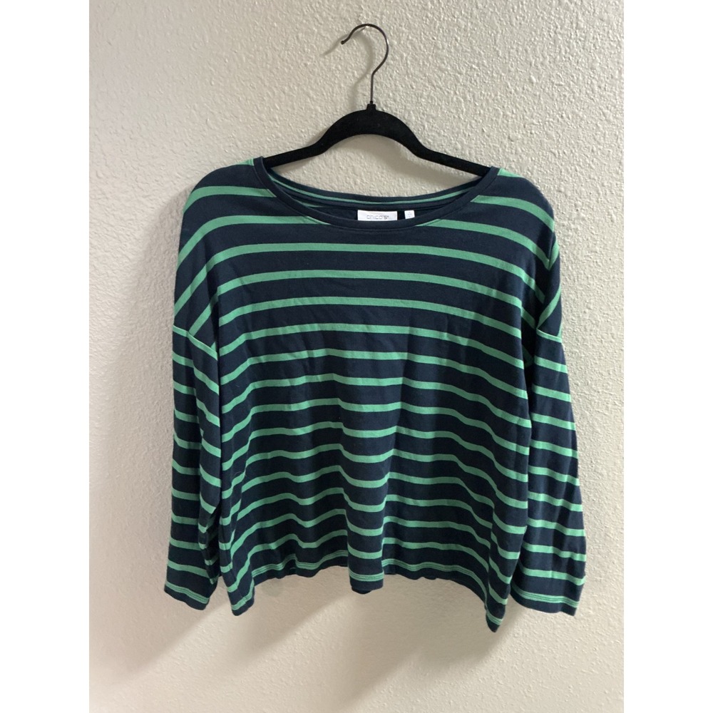 Chicos Womens Size 2 L Striped Long Sleeve Cotton Top Navy Green Crew Neck